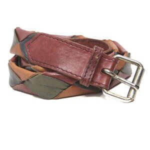 Vintage Vacher France Leather Belt Patchwork Diamond 80s Soft Brown Yellow Green